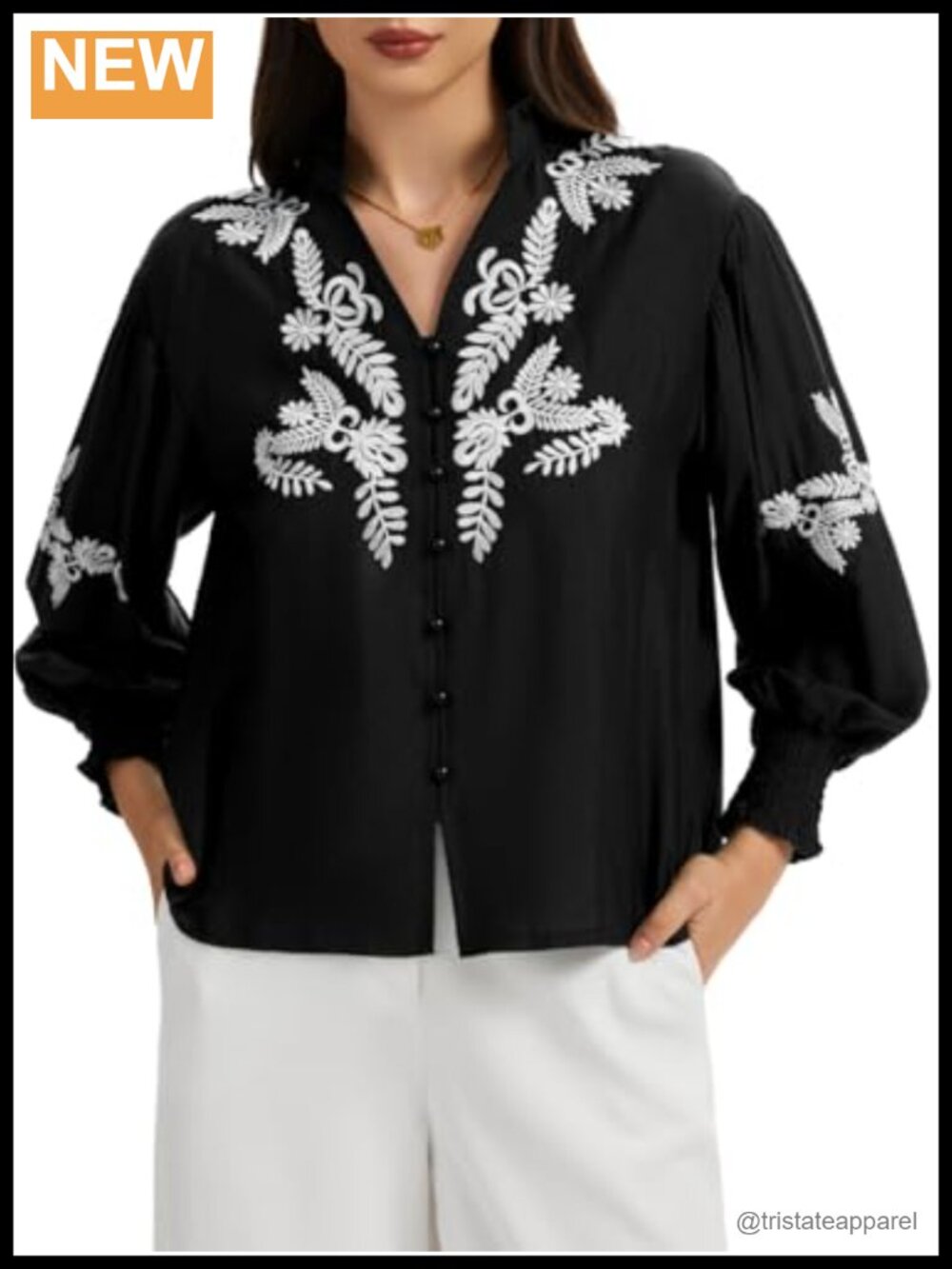 Boho Embroidered Peasant Blouse - V-Neck Puff Long Sleeve Button Down Shirt